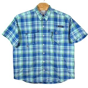 Columbia PFG Super Bahama‎ Mens XXL Blue Plaid Fishing Shirt Short Sleeve Vented